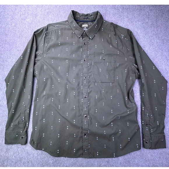 REI Co-op Mens XL Olive Green Diamond Western Print Long Sleeve Button Up Shirt - Picture 3 of 9